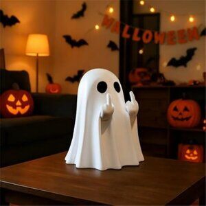 Ceramic Ghost with Bat Balloon Figurine - Spooky & Cute Vintage Halloween Decor